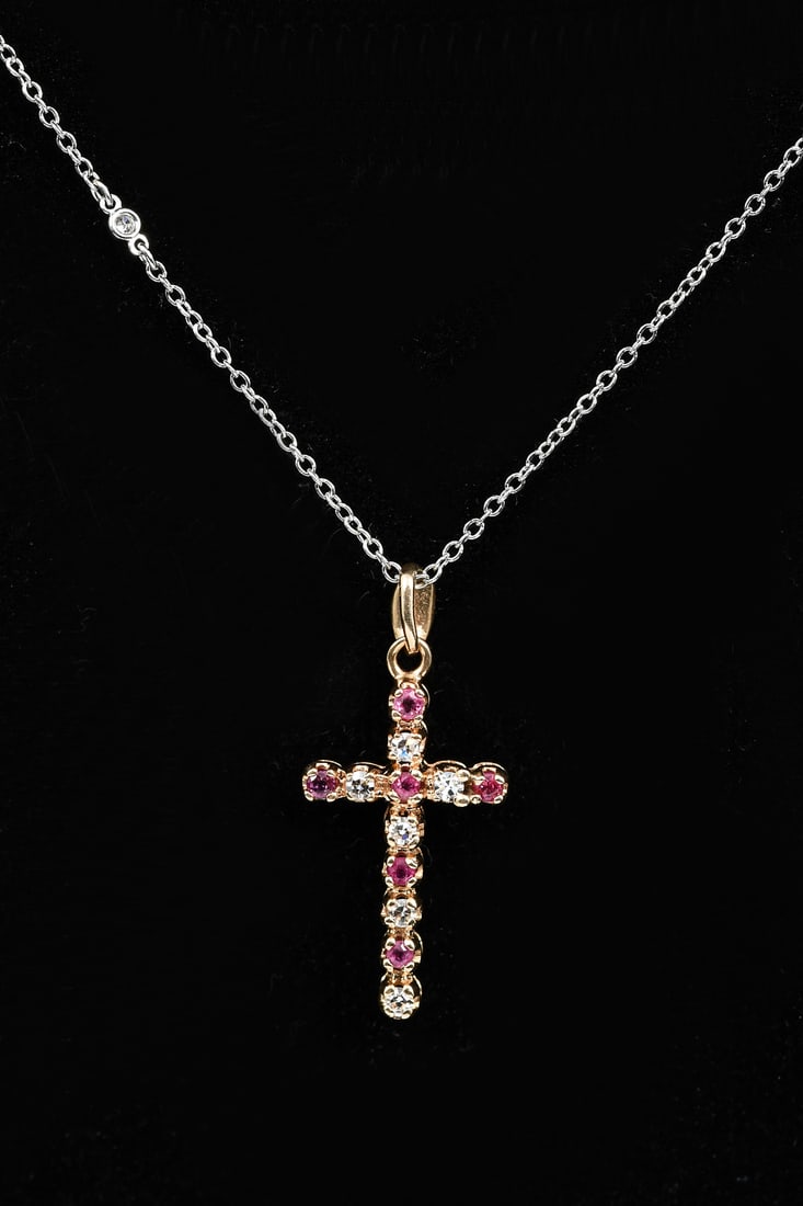 RUBY & DIAMOND CROSS ON 14k GOLD BOX CHAIN (1 of 4)