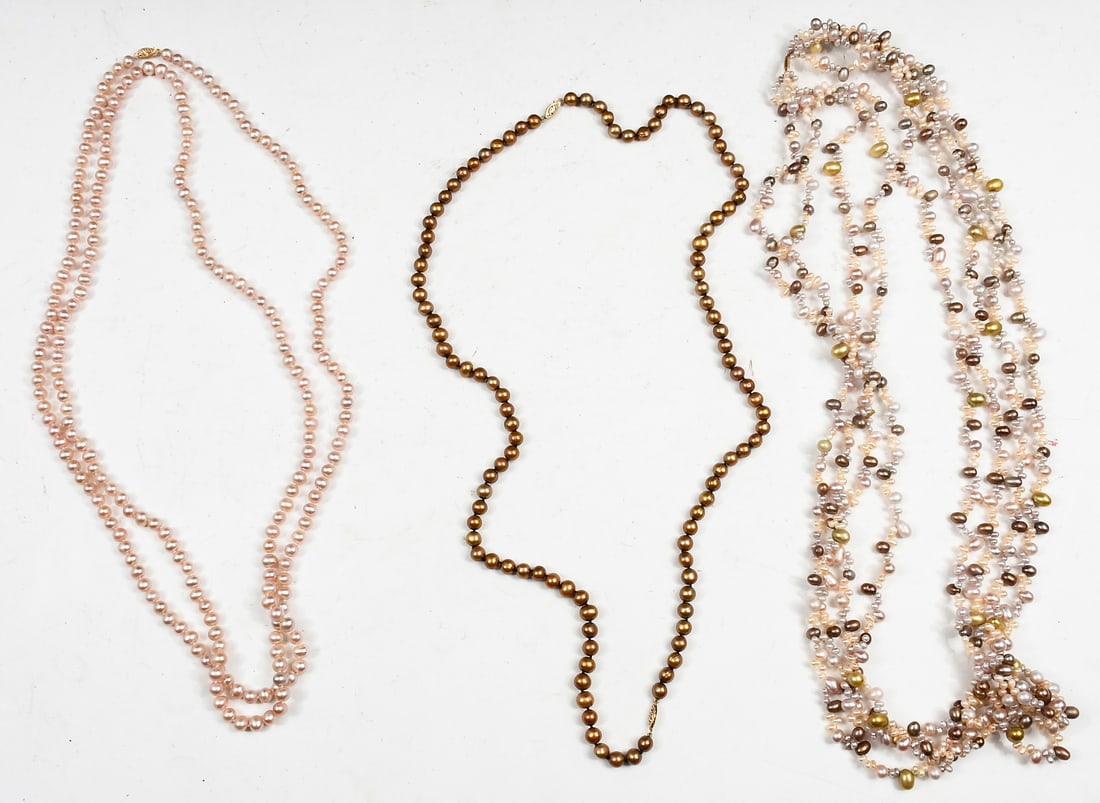 14K BROWN & GOLDEN CREME BAROQUE PEARLS: 14K BROWN & GOLDEN CREME BAROQUE PEARLS: 1-3 Strand of multi-diameter and varied colored cultured pearls with 14K clasp. Length: 38"; 1 strand of 5 mm pinkish cream cultured pearls. Length: 64" with 1