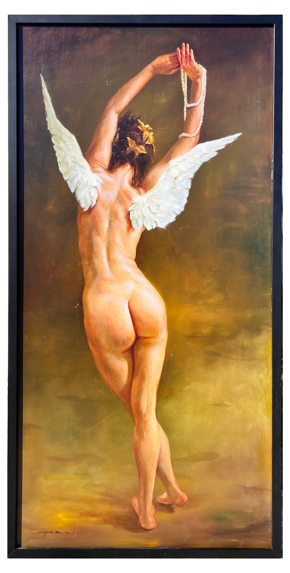 ANGELIC FEMALE NUDE PAINTING SIGNED SNYDER: ANGELIC FEMALE NUDE PAINTING SIGNED SNYDER: Portrait of a Nude Female with Angelic White Wings Stretching, Oil/Canvas, 48" x 28", signed "Synder" and dated '03 lower left,