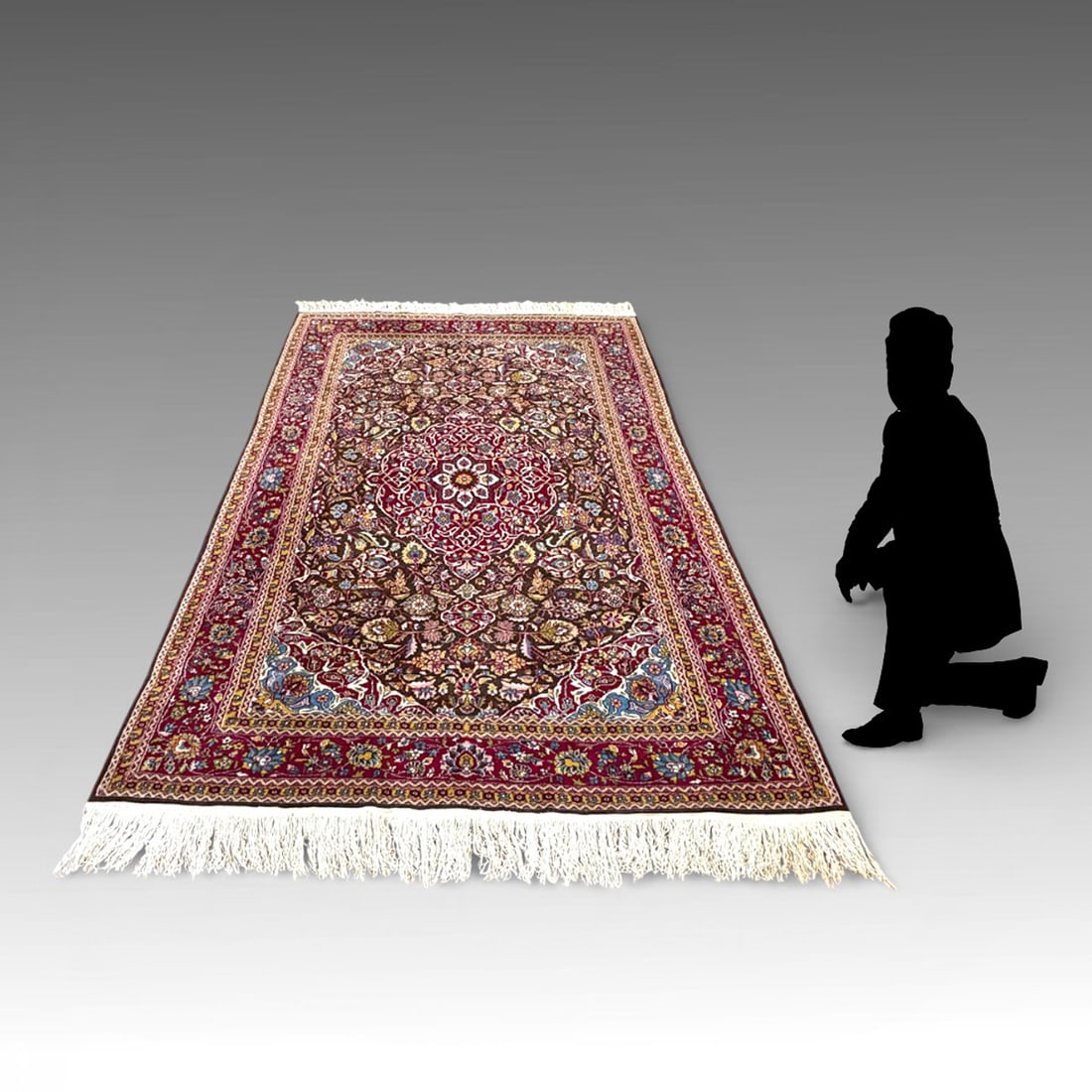 ESTATE ORIENTAL PERSIAN STYLE RUG: ESTATE ORIENTAL PERSIAN STYLE RUG: Traditional Persian style with a large intricate center medallion design. Overall color palette of deep magenta, rose, and burgundy with accents of cream, pale blue,