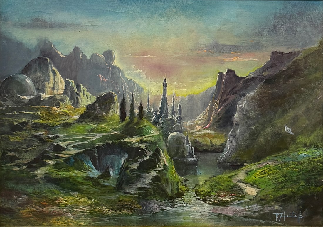 FANTASY LANDSCAPE PAINTING BY ROBERTO INFANTE: FANTASY LANDSCAPE PAINTING BY ROBERTO INFANTE: Fantasy Valley Scene with City, Oil/Canvas, 11.75" x 16", signed lower right, dated 1996 verso, framed, 25.75" x 29.5".