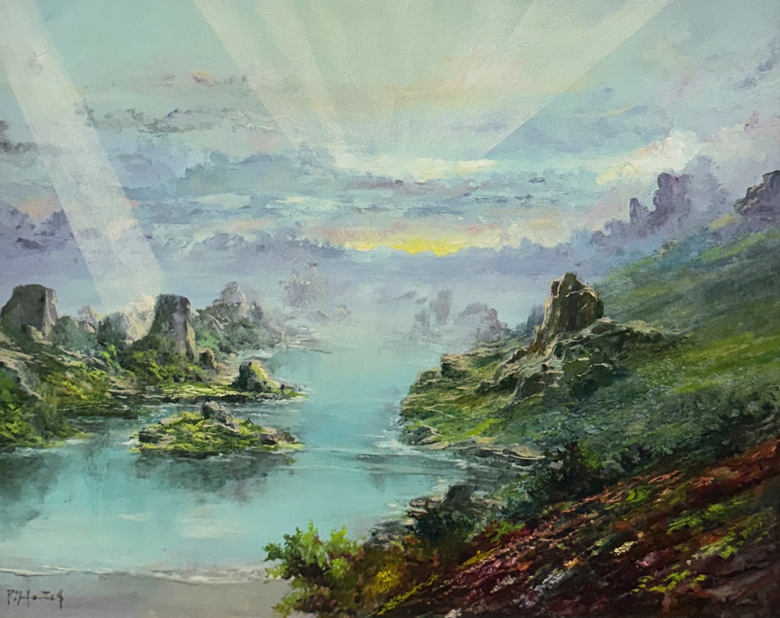 FANTASY LANDSCAPE PAINTING BY ROBERTO INFANTE: FANTASY LANDSCAPE PAINTING BY ROBERTO INFANTE: Sunbeams Over a Peaceful Lakeside Setting, Oil/Canvas, 15.75" x 20", signed lower left, framed, 25.75" x 29.5".