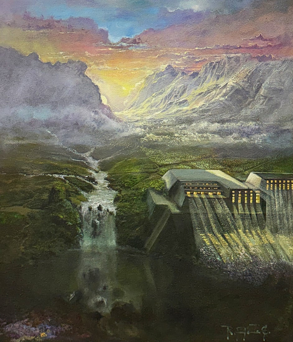 FANTASY LANDSCAPE PAINTING BY ROBERTO INFANTE: FANTASY LANDSCAPE PAINTING BY ROBERTO INFANTE: Valley Sunset with Waterfall and Dam, Oil/Canvas, 23.75" x 19.625", signed lower right, framed, 32.25" x 28.25".
