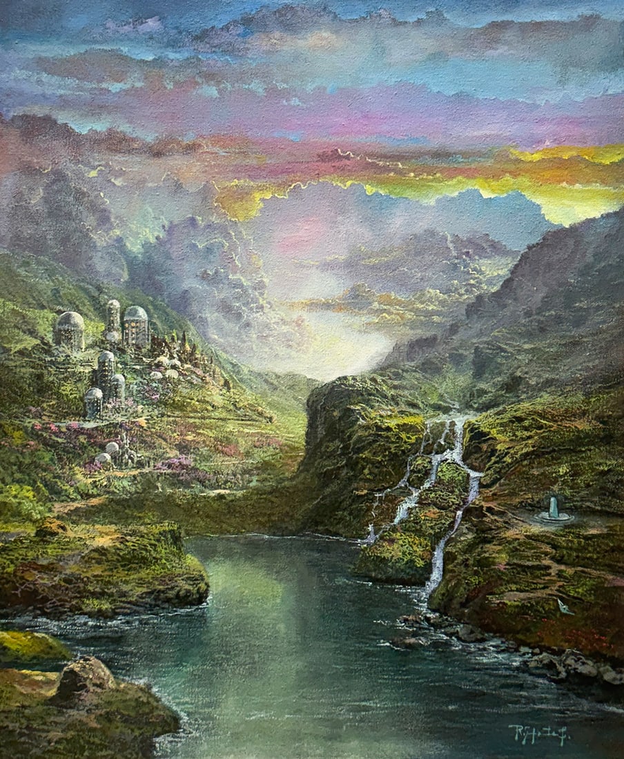 FANTASY LANDSCAPE PAINTING BY ROBERTO INFANTE: FANTASY LANDSCAPE PAINTING BY ROBERTO INFANTE: Peaceful River Valley Sunset with Lake, Oil/Canvas, 27.5" x 20", signed lower right, dated 1999 verso, framed, 32.25" x 28.25".