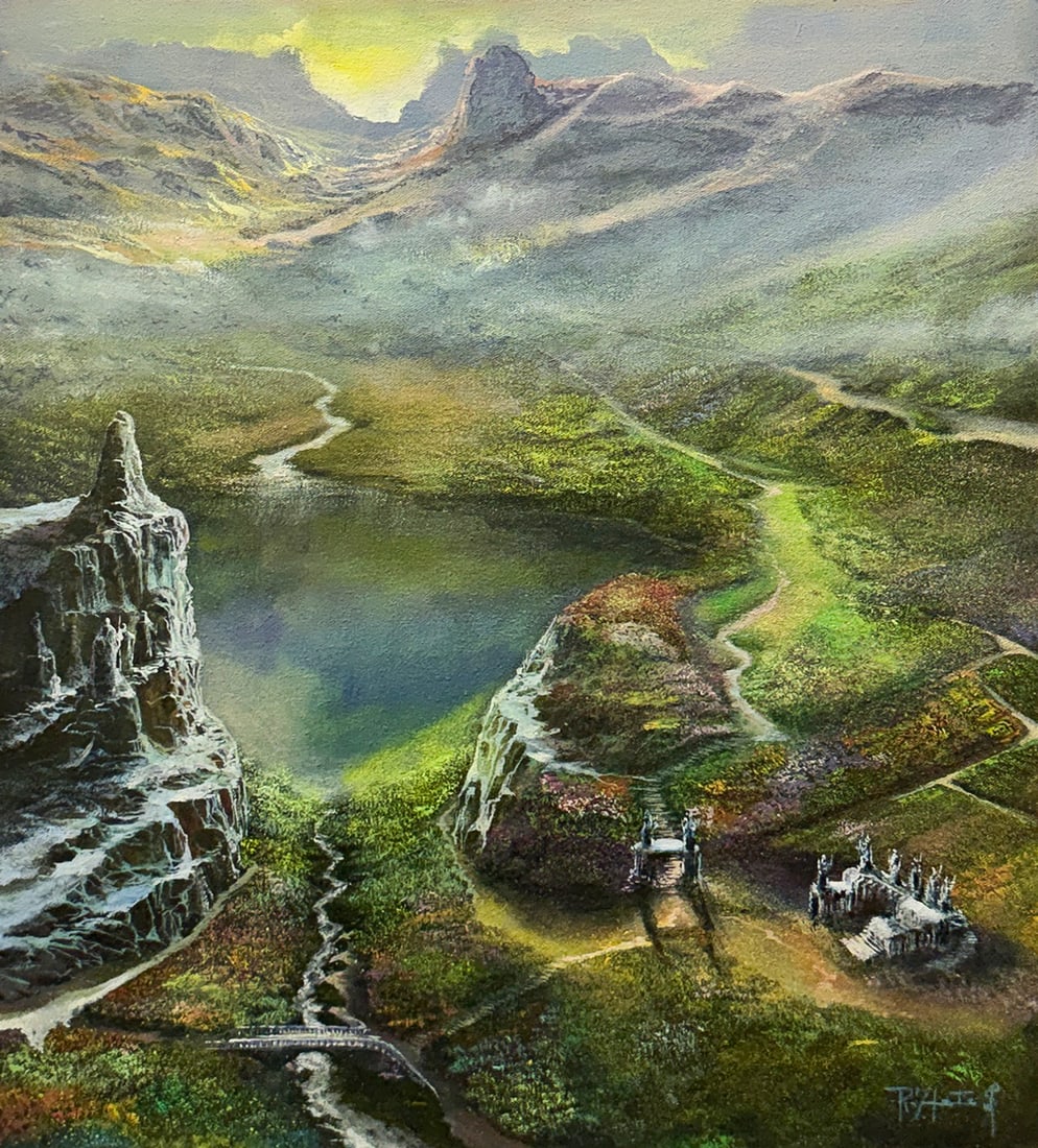 FANTASY LANDSCAPE PAINTING BY ROBERTO INFANTE: FANTASY LANDSCAPE PAINTING BY ROBERTO INFANTE: Peaceful Landscape with Mountain Valley, Oil/Canvas, 23.5" x 20", signed lower right, framed, 32.75" x 29".