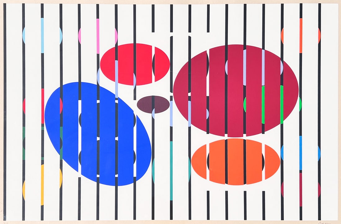 YAACOV AGAM ELLIPSES OP ART LITHOGRAPH: AGAM, Yaacov, (Israeli, b. 1928): Op Art Composition with Ellipses, Lithograph, sight size 20" x 30.75", pencil signed lower right, numbered 92/180, modern framing, 30.5" x 41.375".