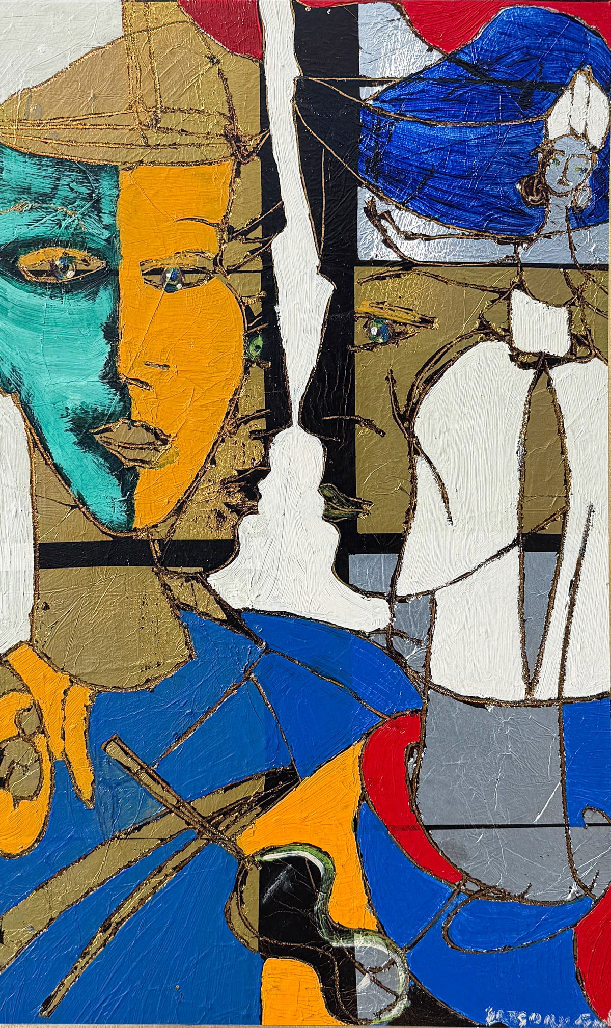 GREGORY FINK HARLEQUIN PROFILES PAINTING: FINK, Gregory, (Brazilian, b. 1946): Two Harlequins in Profile, Mixed Media Oil and Gold Leaf/Masonite, sight size 24" x 14.5", signed lower right, framed, 35.25" x 25.75".