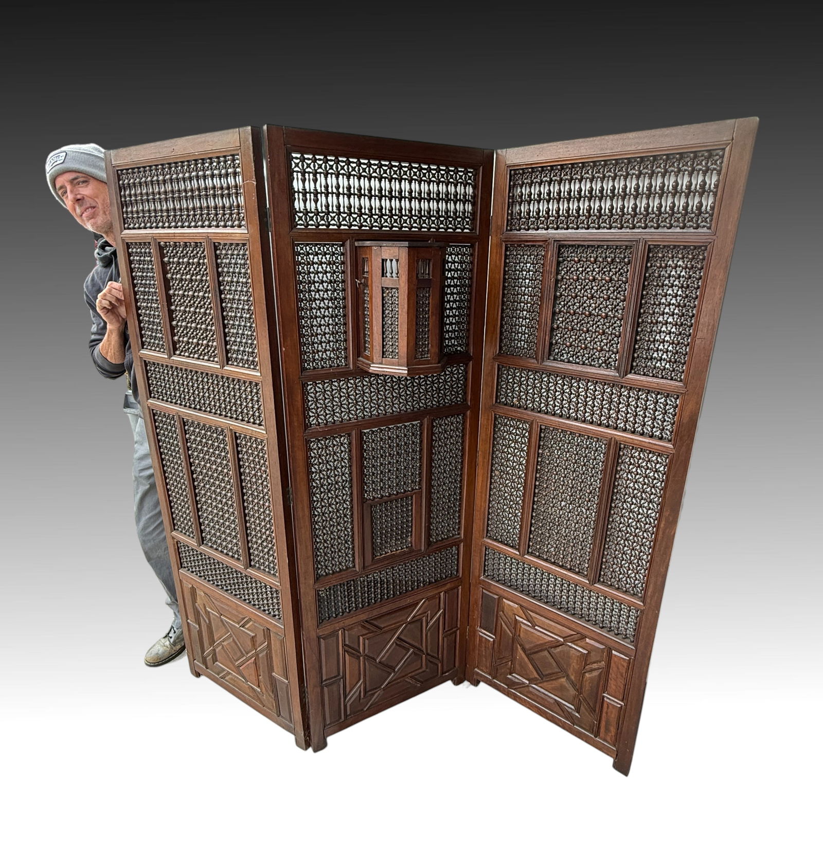 LARGE ANTIQUE CARVED MASHRABIYA FOLDING SCREEN (1 of 4)