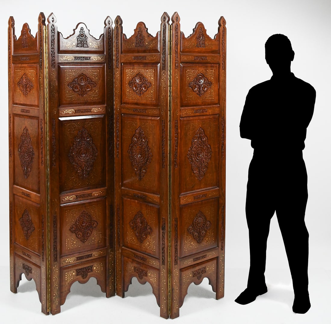 ANTIQUE PERSIAN CARVED & INLAID FOUR PANEL SCREEN (1 of 4)