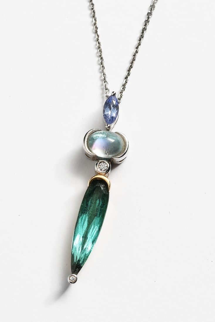 14K GOLD & GEMSTONE NECKLACE: 14K GOLD & GEMSTONE NECKLACE: An 18K yellow and white gold multi-gemstone pendant designed and crafted by Denny Wong. The pendant contain a green tourmaline Tourmaline Weight: 2.70 Ct. approx., a rain
