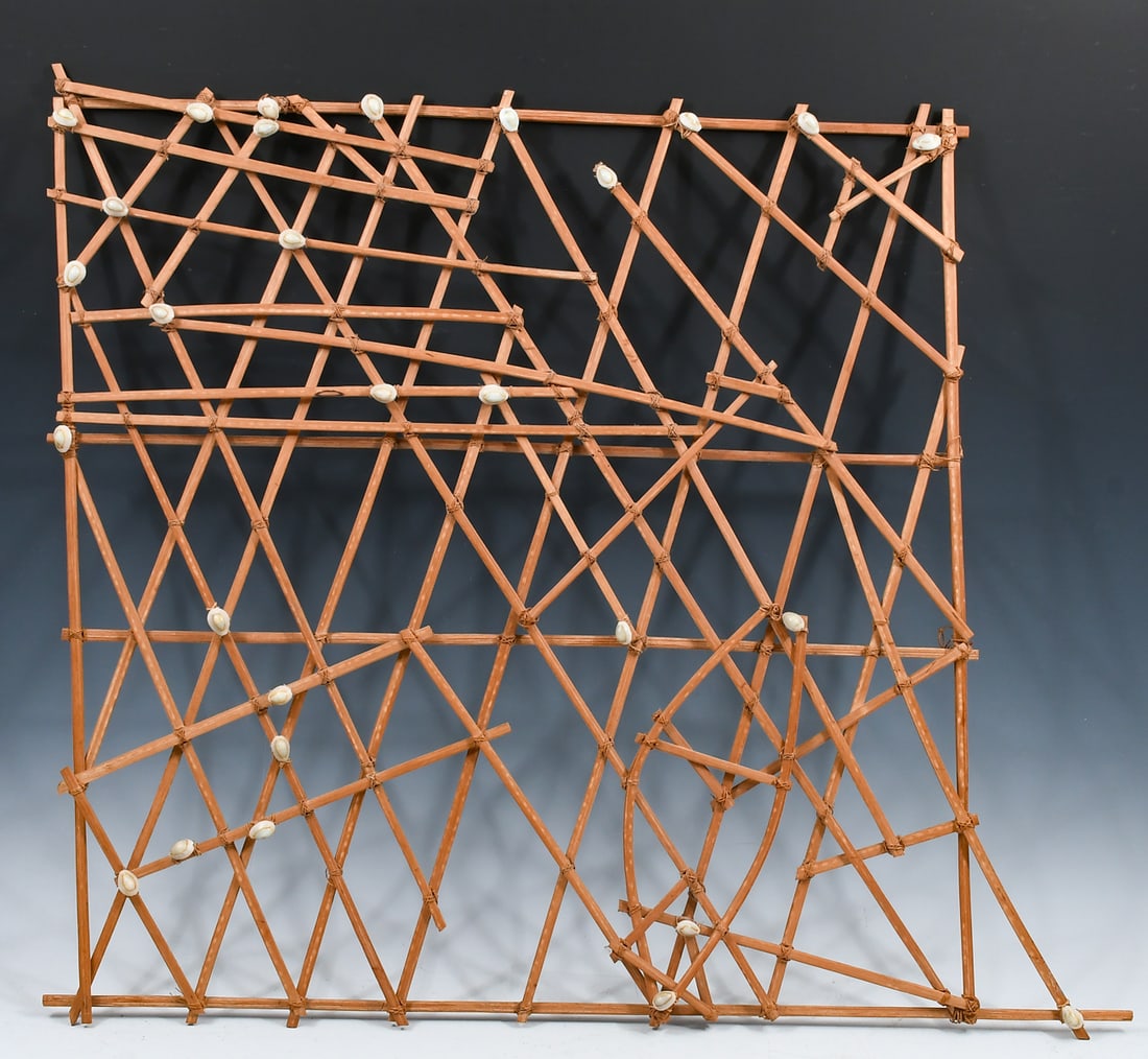 MARSHALL ISLANDS STICK CHART MEDDO: MARSHALL ISLANDS STICK CHART MEDDO: Made from palm strips and cowrie shells. 28" x 25".