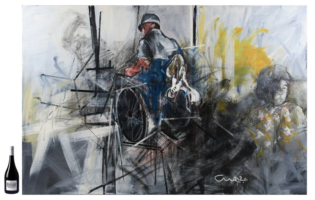 LARGE URI LIFSHITZ FIGURE IN WHEELCHAIR PAINTING: LIFSHITZ, Uri, (Israeli, 1936-2011): Male Figure in a Wheelchair with Abstract Composition and additional Portrait, 48" x 72", signed lower right, unframed.