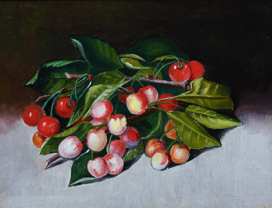O/B STILL LIFE W/ CHERRIES SIGNED E.L. (1 of 4)