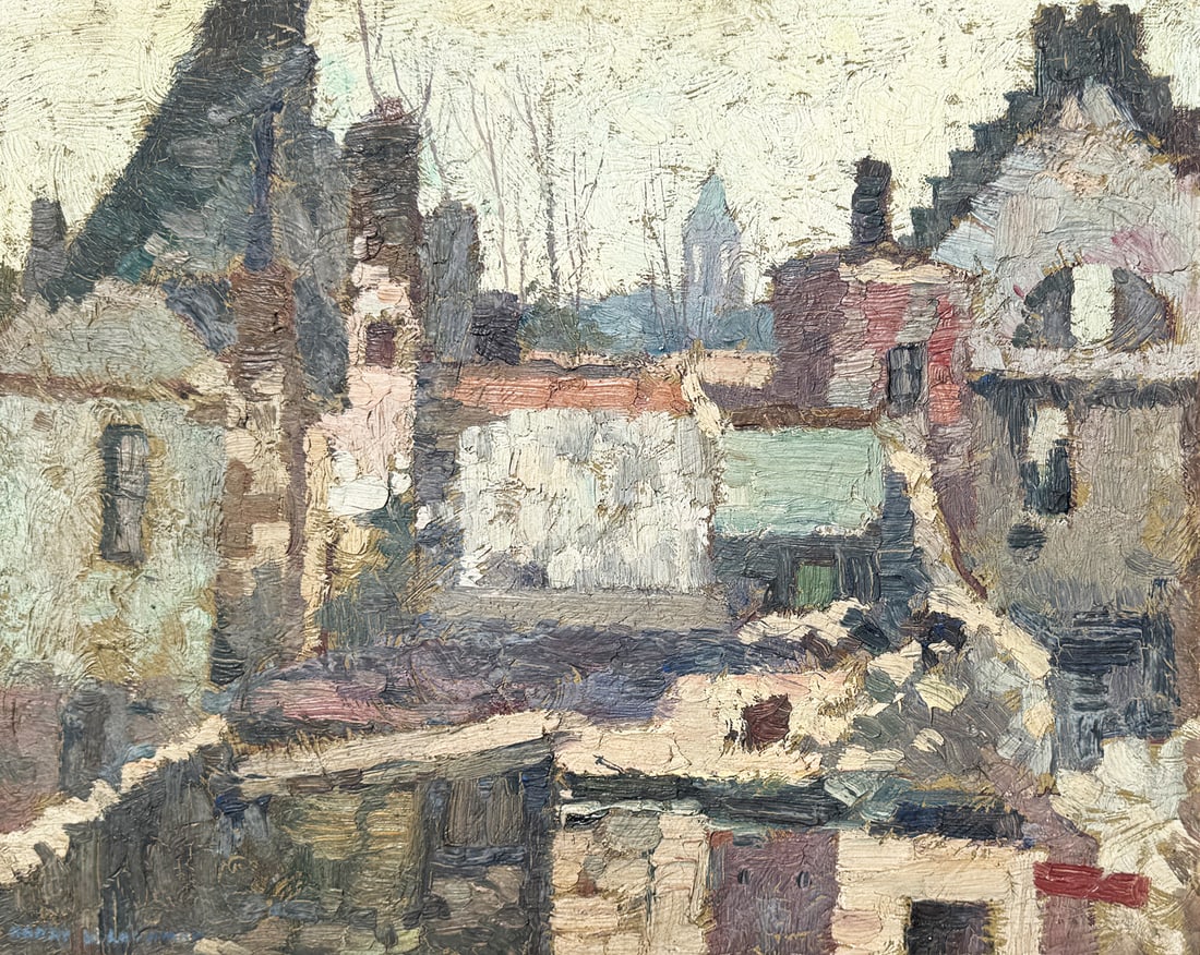 ESTATE FRESH HARRY LACHMAN PAINTING: LACHMAN, Harry B., (American, 1886-1975): "Sunset, Reims at Senlis, France", Oil/Board, 12.875" x 14", signed lower left, old label affixed verso, Newcomb-Macklin frame, 19.75" x 23".