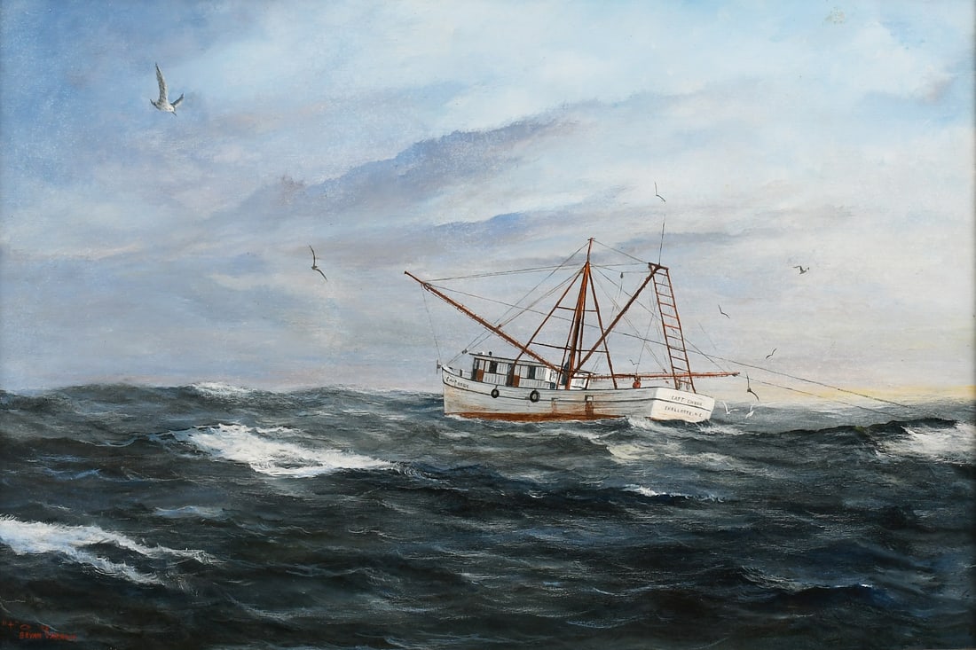 BRYAN VARNAM SHRIMP BOAT NORTH CAROLINA PAINTING: VARNAM, Eddie "Bryan", (American, 1948-2019): "Capt. Ensor, Shallotte, North Carolina", Shrimp Boat on the High Seas, Oil/Canvas, 24" x 36", signed lower left and dated ’78, distressed wood frame, 2
