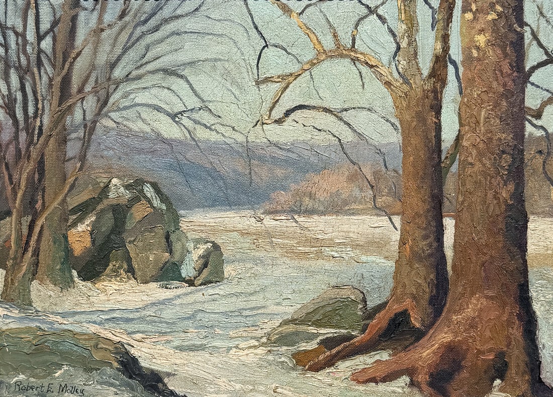 ROBERT MOTLEY WINTER D.C. RIVER LANDSCAPE PAINTING: MOTLEY, Robert, (American, 1887-1962): Winter River Landscape, Oil/Masonite, 12" x 16", signed lower left, painted frame, 16" x 20.5".