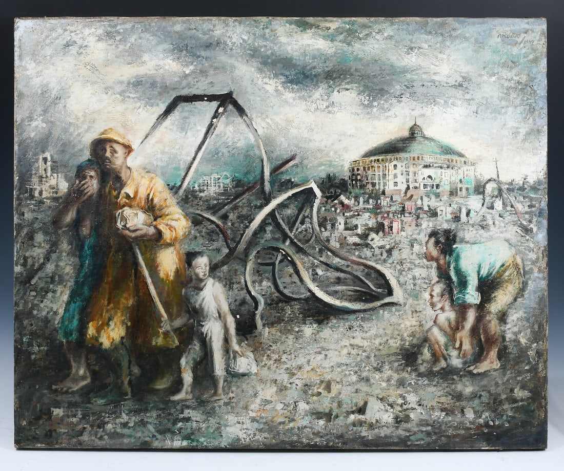 FREDE VIDAR TOKYO PAINTING: VIDAR, Frede, (Danish, 1911-1967): Painted 1947 from notes made in Tokyo with the 11th A. B. Division, Oil/Canvas, 26" x 32.25", signed upper right and dated 1947, unframed.