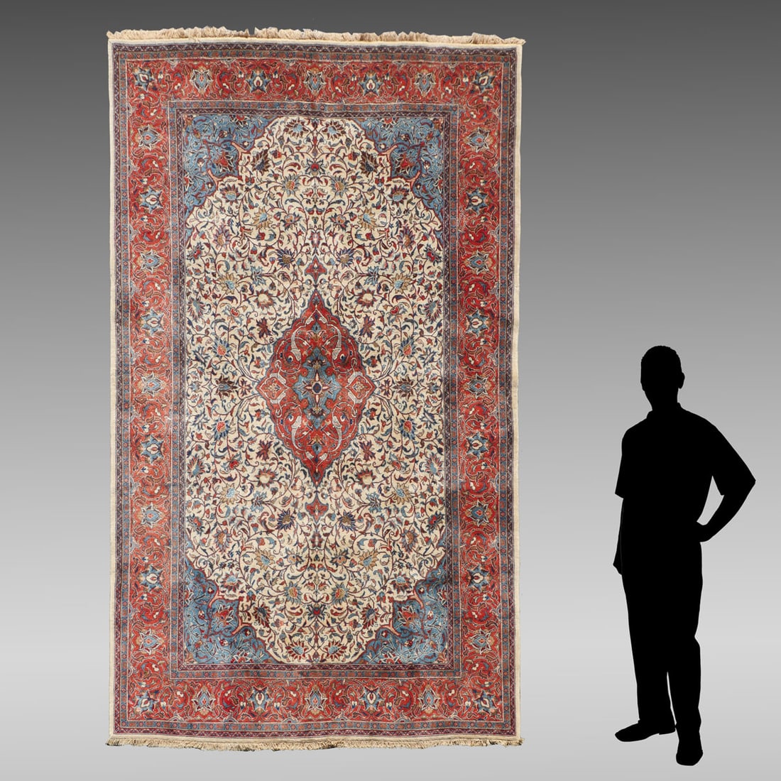 PERSIAN HAND KNOTTED WOOL RUG: PERSIAN HAND KNOTTED WOOL RUG, 6'6" x 9'8": This is a pretty rug with good colors and a well-drawn design that includes a peach and pale blue central medallion that matches the corners and borders.
