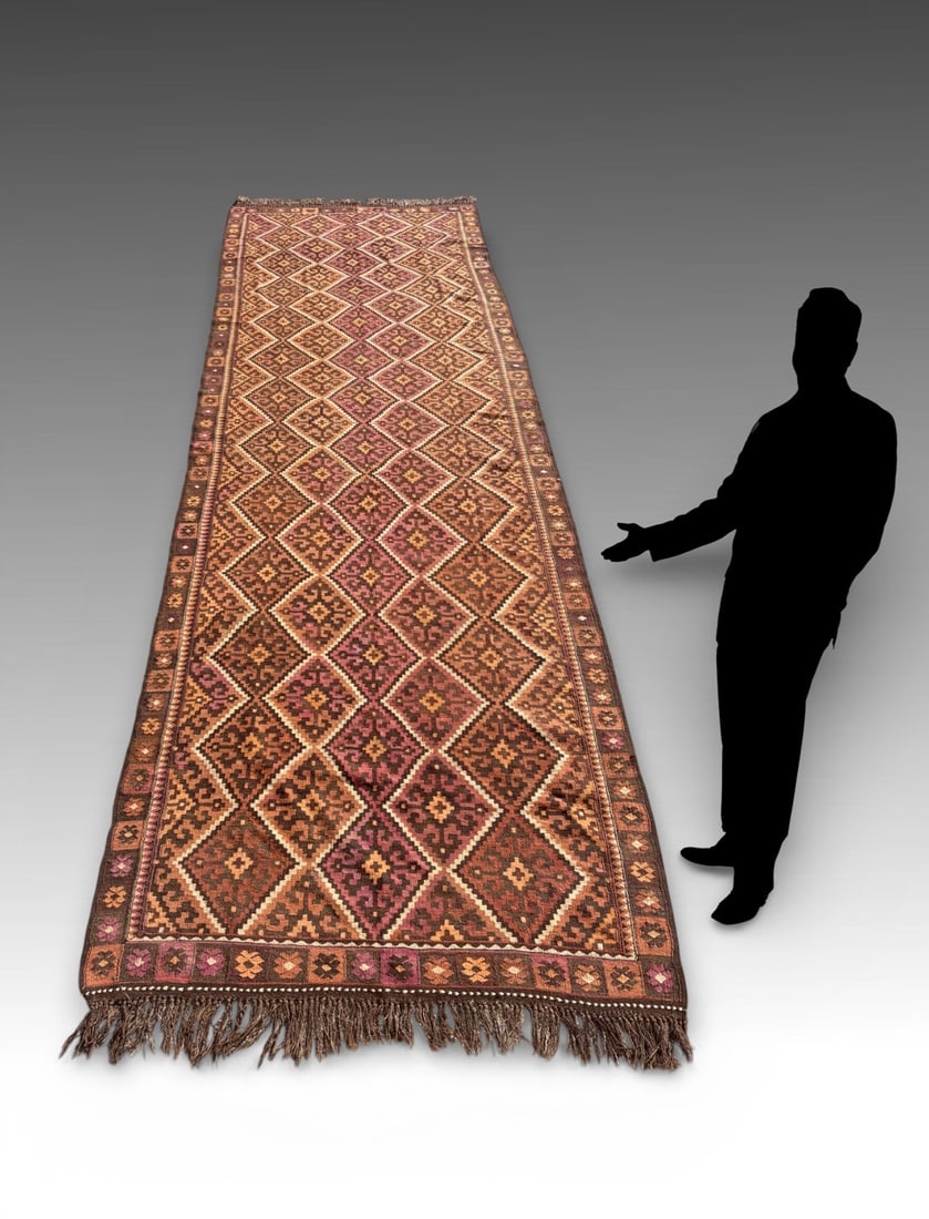 AFGHAN TRIBAL KILIM CARPET DIAMOND PATTERN RUNNER: AFGHAN TRIBAL KILIM RUNNER – GEOMETRIC DIAMOND DESIGN RUG: Handwoven Afghan tribal design Kilim runner, flatwoven wool, featuring an allover geometric diamond lattice pattern in warm camel, rose, br