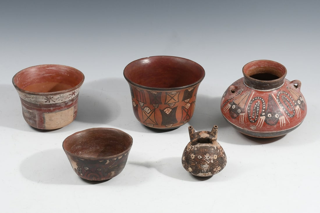 5 PC. PRE-COLUMBIAN NASCA POTTERY JARS & BOWLS (1 of 6)