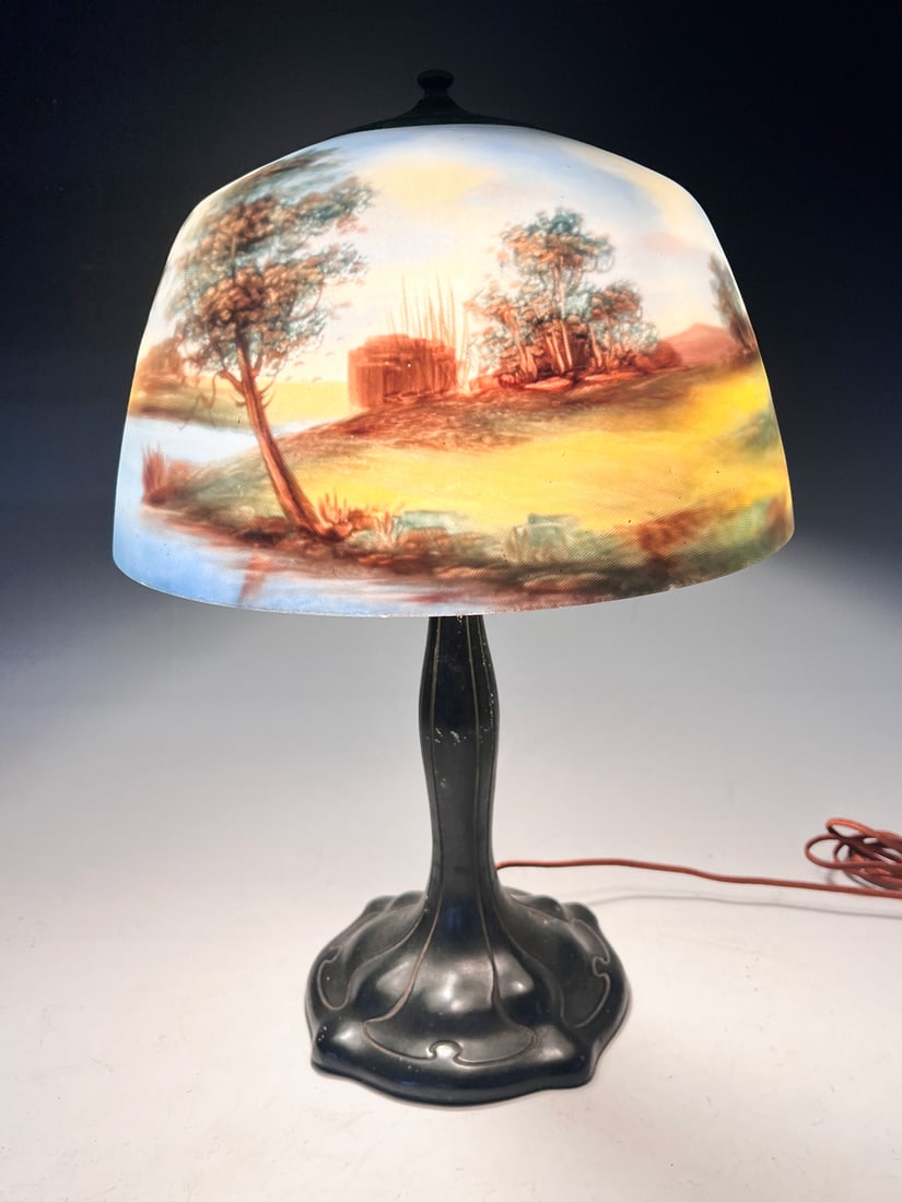 PITTSBURGH ATTRIBUTED REVERSE PAINTED LAMP: PITTSBURGH ATTRIBUTED REVERSE PAINTED LAMP: