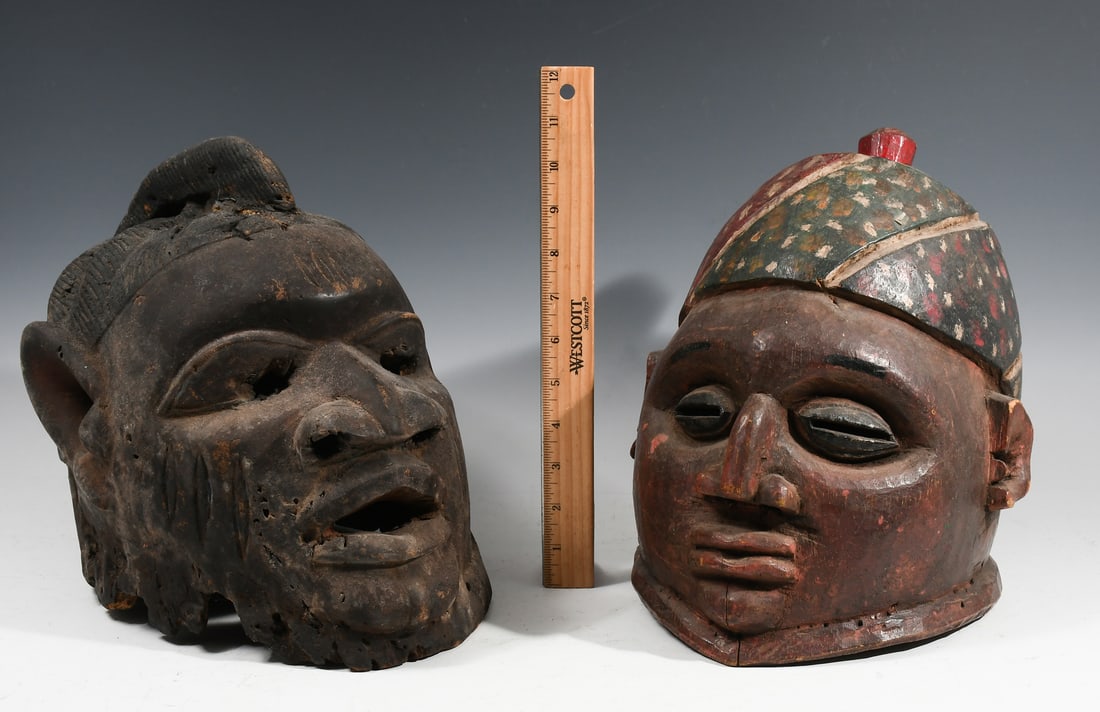 2 AFRICAN CARVED WOOD YORUBA GELEDE MASKS (1 of 3)
