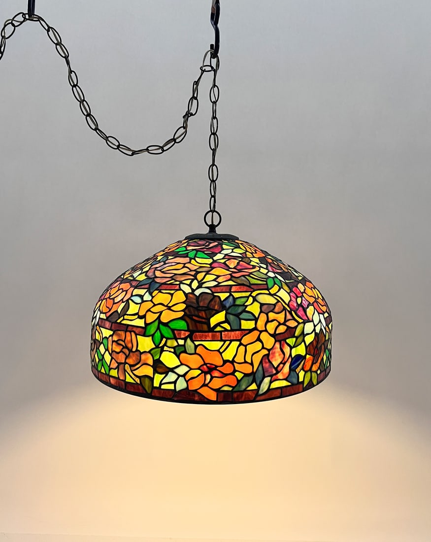 HANGING FLORAL MOTIF LEADED GLASS CHANDELIER (1 of 5)