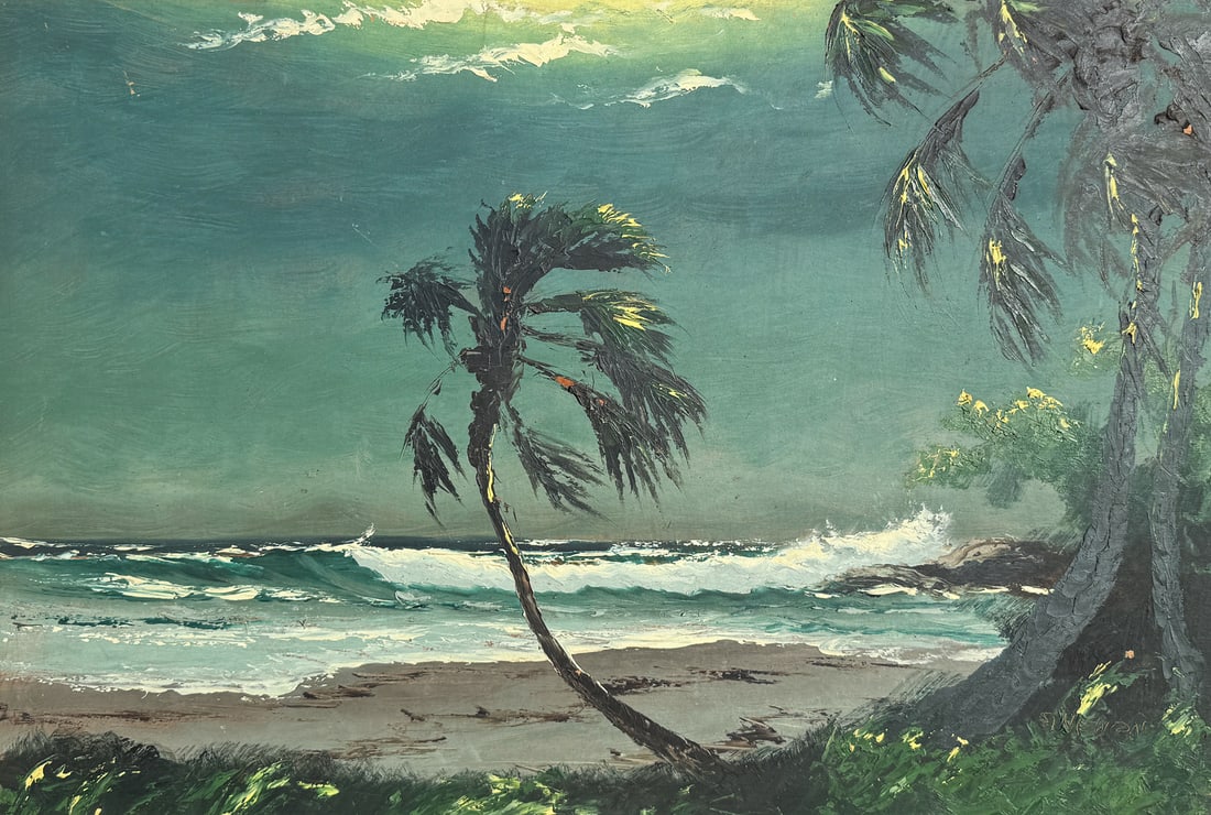 SAM NEWTON FLORIDA HIGHWAYMEN BEACH SCENE: NEWTON, Sam, (American, b. 1948): Florida Highwaymen Beach Scene with Dark Skies and Palms, Oil/Upson Board, 24” x 36”, signed lower right, original frame, 27.75” x 39.5”.