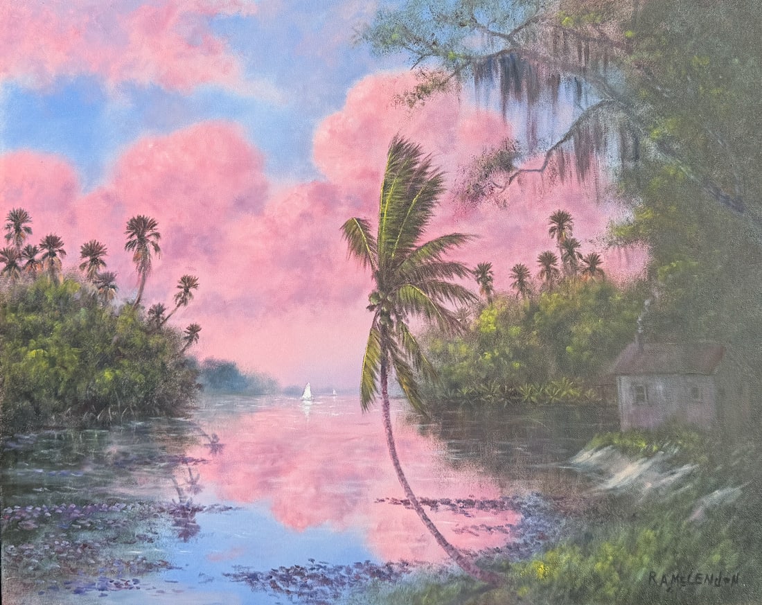 ROY MCCLENDON FLORIDA HIGHWAYMEN PINK SKY LAGOON PAINTING: MCCLENDON, Roy, (American, b. 1932): Florida Highwaymen Scene with Lagoon and Pink Sky, Oil/Canvas, 24” x 30”, signed lower right, framed, 31.5” x 37”.