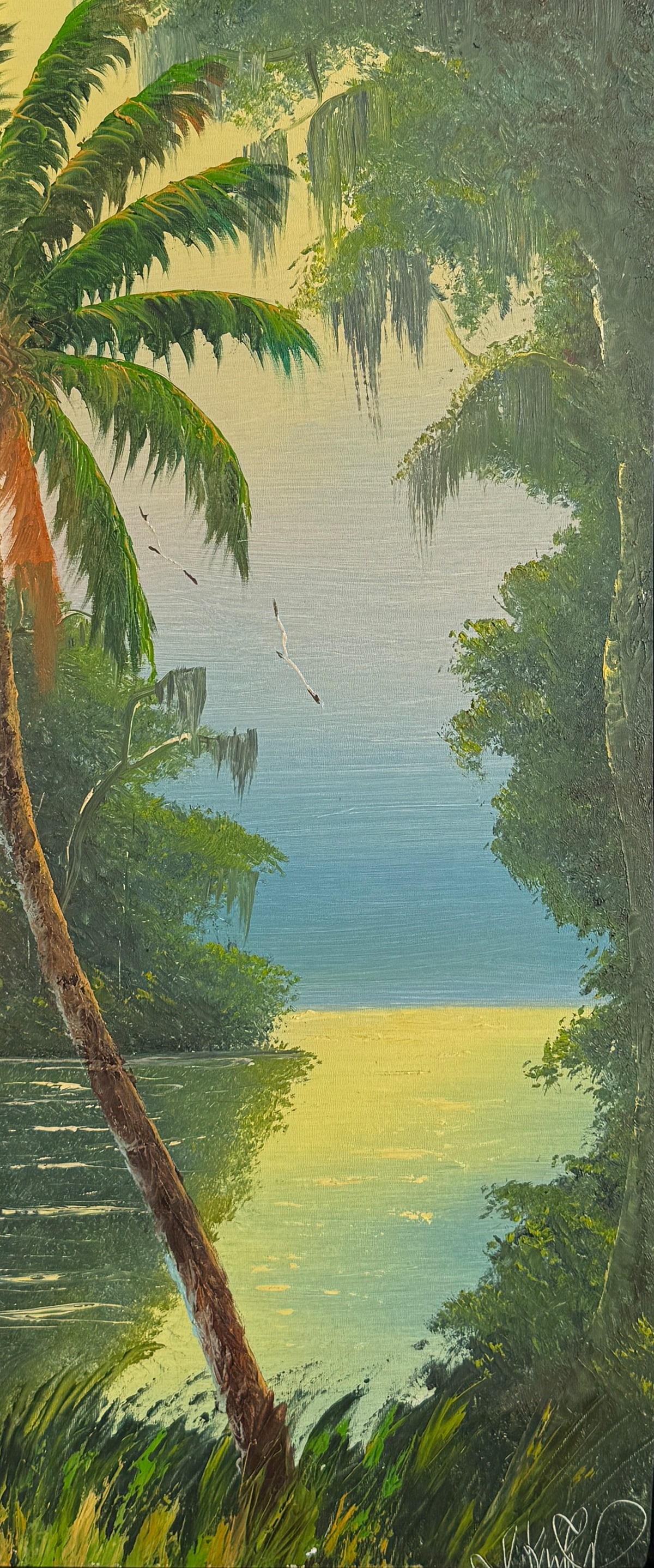 ISSAC KNIGHT FLORIDA HIGHWAYMEN PAINTING: KNIGHT, Issac, (American, 20th Century): Florida Highwaymen Lagoon Scene with Seagulls, Oil/Masonite, 22” x 10”, signed lower right, original frame, 25.25” x 13.25”.