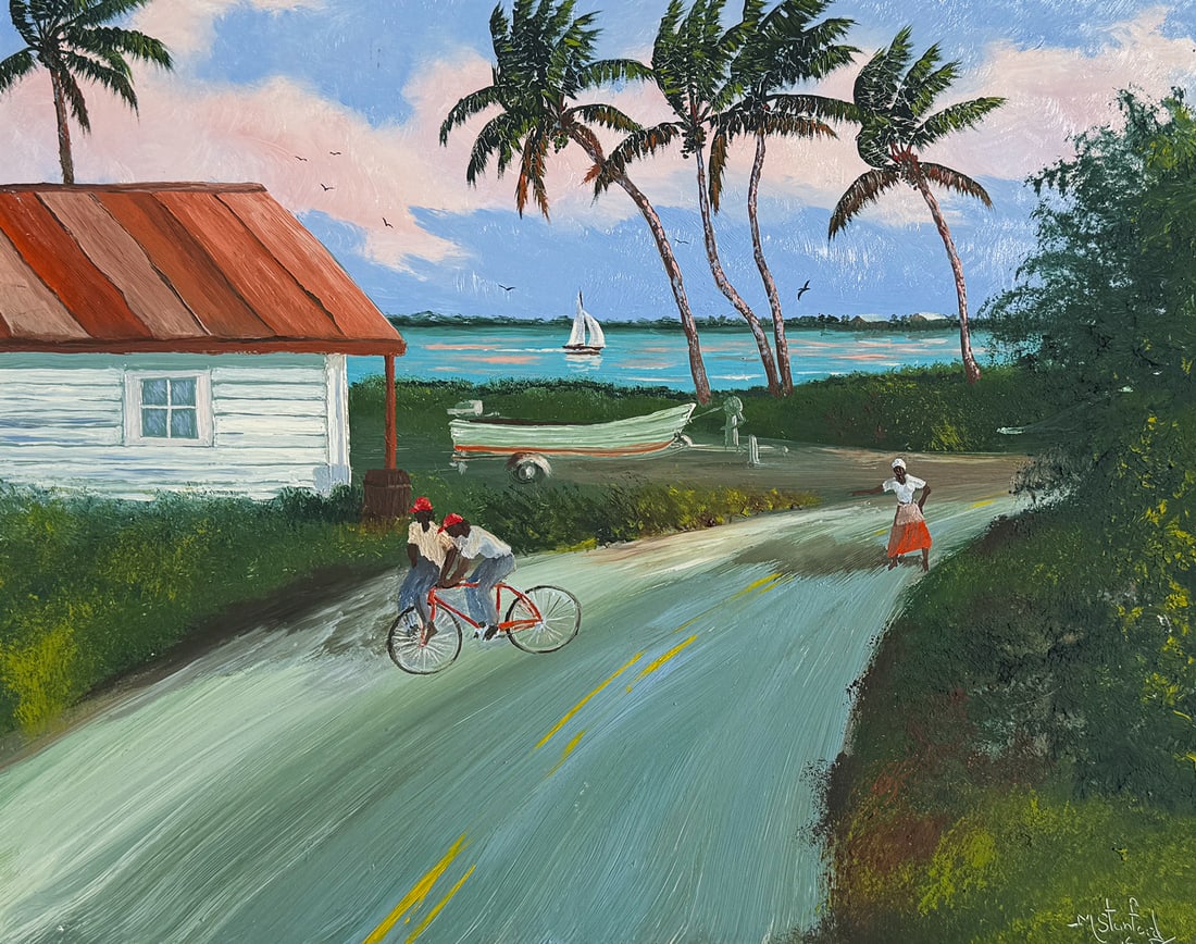 MARK STANFORD FLORIDA HIGHWAYMEN-STYLE PAINTING: STANFORD, Mark, (American, b. 1959): Florida Highwaymen-Style Scene with Two Men and a Bike with a Woman Yelling, Oil/Masonite, 16” x 20”, signed lower right, dated 2016, framed, 21.5&rdqu