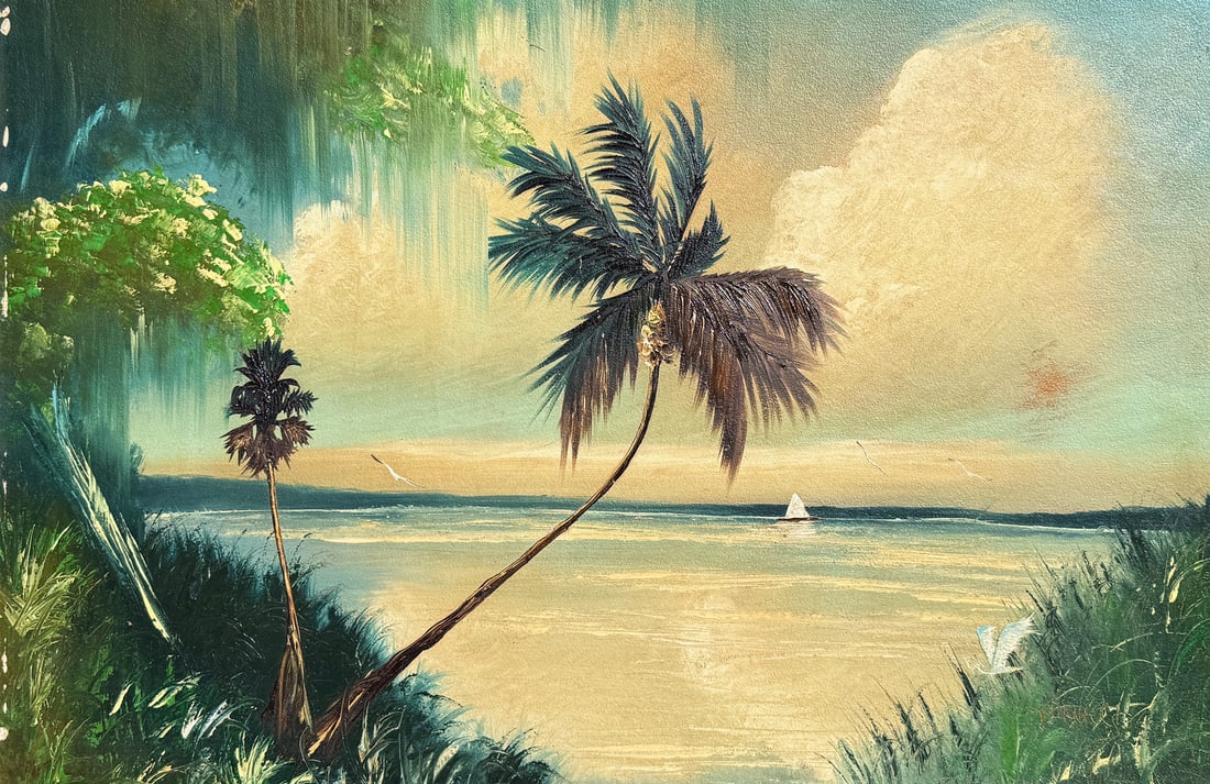 JOHNNY DANIELS FLORIDA HIGHWAYMEN PAINTING: DANIELS, Johnny “Hook”, (American, 1954-2009): Florida Highwaymen Scene with Palms, Sailboat, and Water Birds. Oil/Upson Board, 24” x 36”, signed lower right, framed, 27.5” x