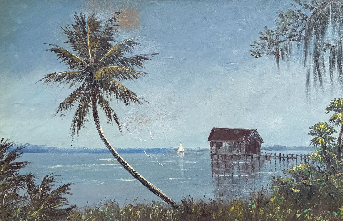 ROY MCLENDON FLORIDA HIGHWAYMEN PAINTING: MCLENDON, Roy, (American, b. 1932): Florida Highwaymen Scene with Palms, Fishing Shack, and Sailboat on the Water. Oil/Upson Board, 24” x 36”, signed lower right, framed, 28” x 40.5&