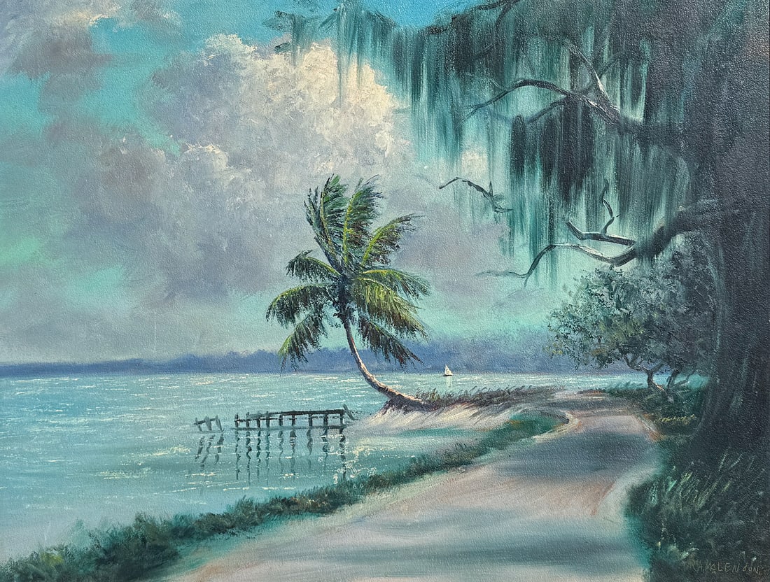 ROY MCLENDON FLORIDA HIGHWAYMEN PAINTING: MCLENDON, Roy, (American, b. 1932): Florida Highwaymen Landscape with Palms and Beach Road with Sailboat in the Background, Oil/Upson Board, 28” x 35.75”, signed lower right, original fram