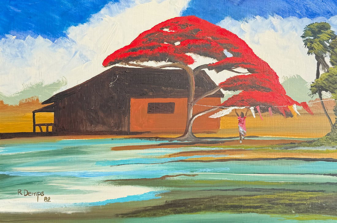 RODNEY DEMPS LAUNDRY DAY ROYAL POINCIANA PAINTING: DEMPS, Rodney, (American, 1953): Figure Hanging Laundry in the Lee of a Royal Poinciana Tree with House in the Background, Oil/Masonite, 23.625" x 35.375", signed lower left and dated '82, framed, 27.