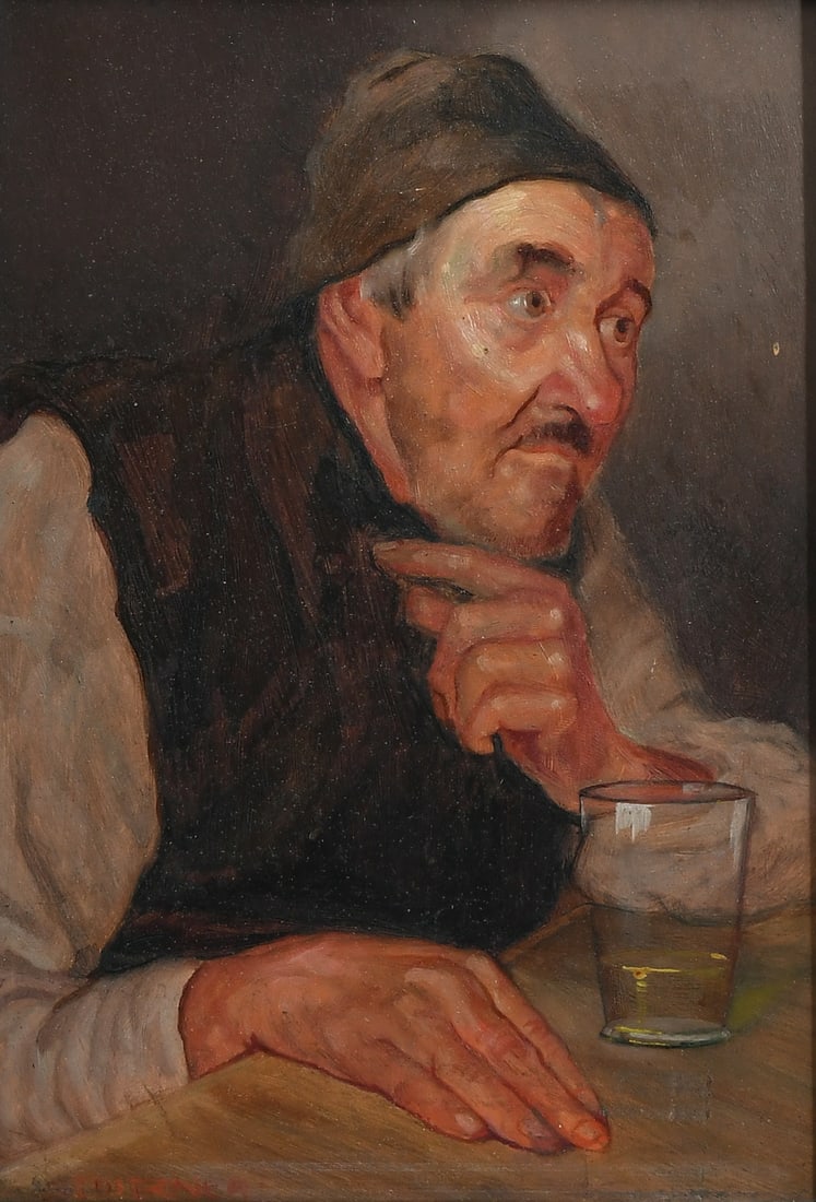 KONSTANTIN STOITZNER MAN IN A TAVERN PAINTING: STOITZNER, Konstantin, (Austrian, 1863-1934): Man Seated at a Bar with an Empty Glass in Front of Him, Oil/Board, 8.25" x 6.125", faintly signed lower left, framed, 11.75" x 9.625".