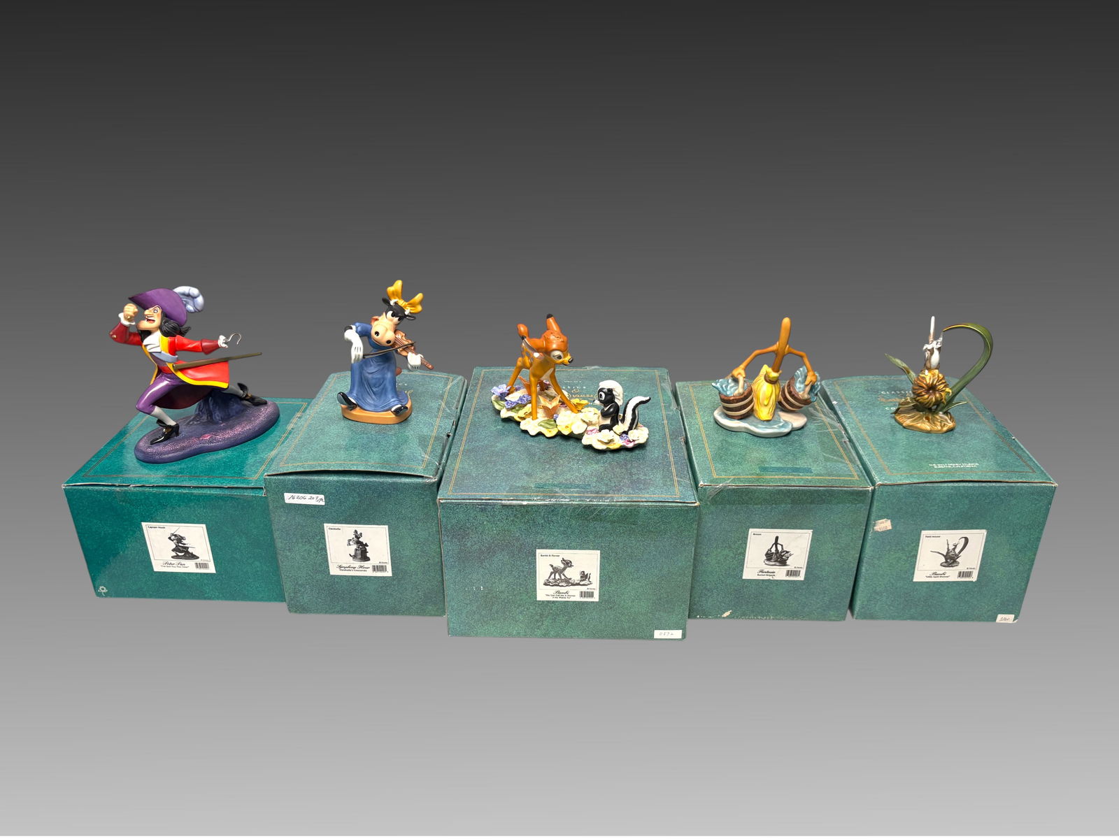 5PC. DISNEY CLASSIC FIGURES BAMBI FANTASIA ETC: 5PC. DISNEY CLASSIC FIGURES: Bambi – He Can Call Me Flower (Bambi & Flower); Bambi – Little April Shower (Field Mouse) – No COA; Fantasia – Bucket Brigade (Broom); Peter Pan – I’ve Got You