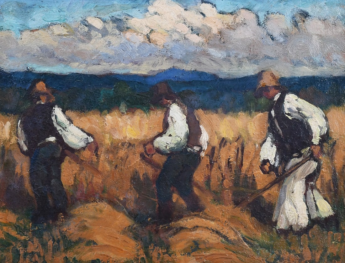 ILLEGIBLY SIGNED HAYING SCENE PAINTING: ILLEGIBLY SIGNED HAYING SCENE PAINTING: Three Men Haying in a Landscape, Oil/Board, 8.5" x 11", possibly signed "Drake" in faint pencil verso, framed, 10" x 12.5".