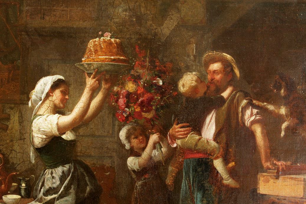 Dieffenbach Painting ''Happy Birthday, Daddy'': DIEFFENBACH, Anton Heinrich, (German, 1841-1914): "Happy Birthday, Daddy", Oil/Canvas, laid down on board, Depicts an Interior Genre Scene with Family Celebrating Father's Birthday, young son, daughte