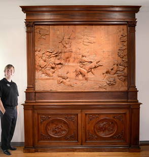 MONUMENTAL CARVED WOOD FRESCO THE HUNT OF DIANA: MONUMENTAL CARVED WOOD FRESCO/CREDENZA "THE HUNT OF DIANA": The large European pine carved historismus fresco depicts the 17th century painting by Domenichino (Domenico Zampieri) titled "The Hunt of D