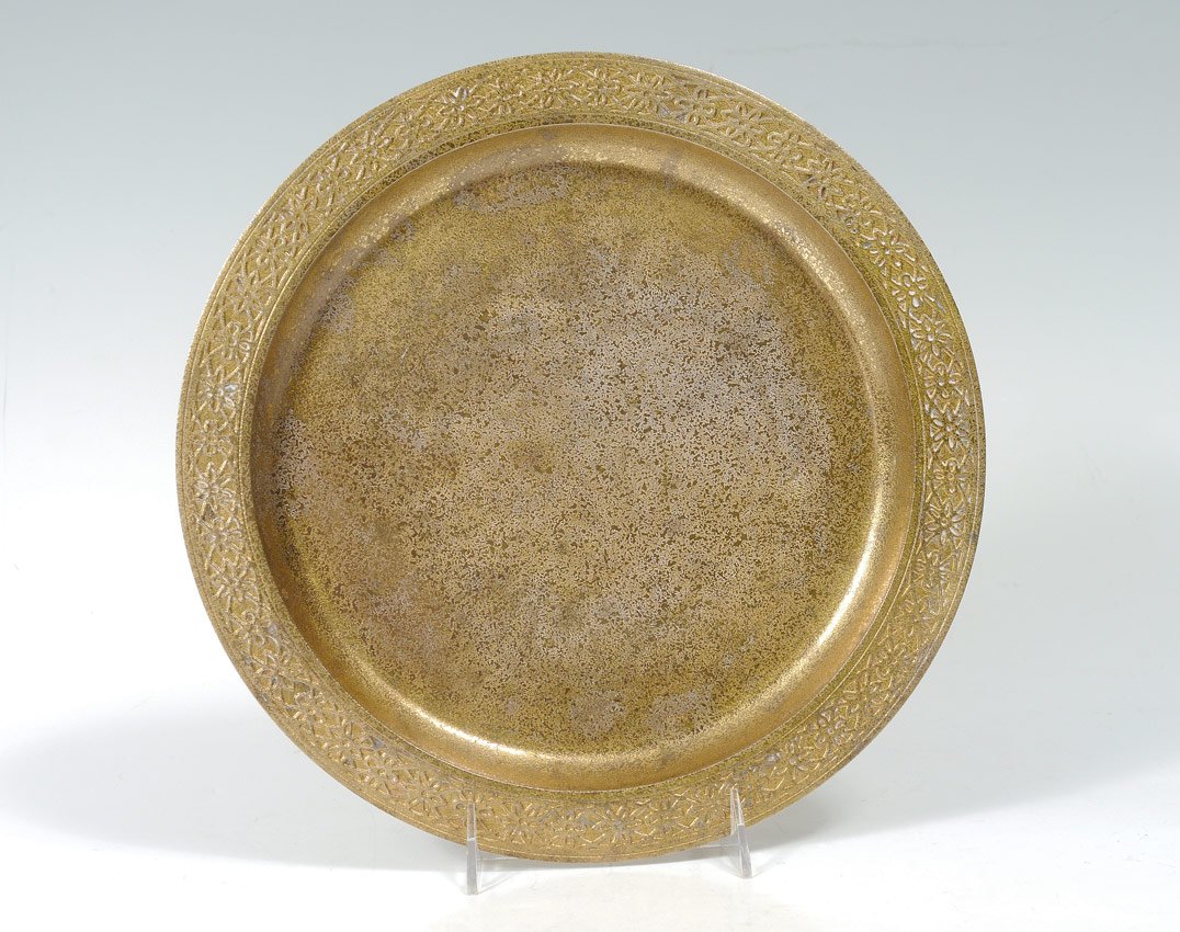 TIFFANY STUDIOS GILT BRONZE TRAY #1746: TIFFANY STUDIOS GILT BRONZE TRAY #1746: Stylized floral motif rim, marked Tiffany Studios, New York, 1746. 12'' dia.