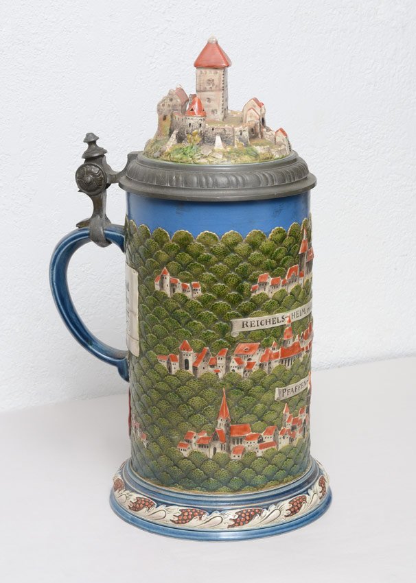 METTLACH CASTLE STEIN #2038 NR: METTLACH BLACK FOREST CASTLE STEIN #2038: Large stein with castle hinged lid, incised decoration on body of assorted Black Forest towns to include Gersprenz, Reichel-Heim im Odenwald and Pfaffen-Beerf