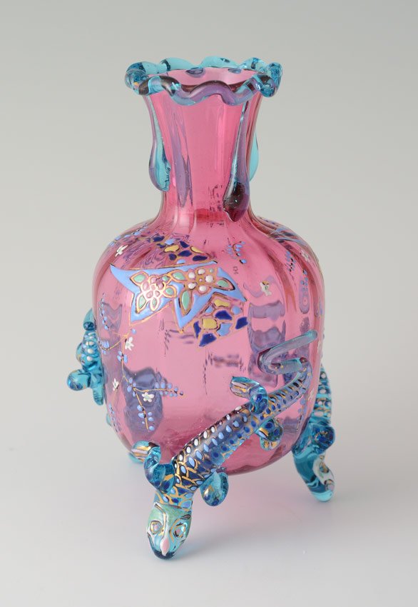 MOSER SALAMANDER FOOT ENAMELD CRANBERRY GLASS VASE