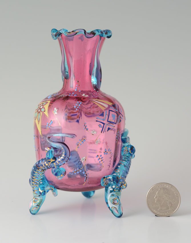 MOSER SALAMANDER FOOT ENAMELD CRANBERRY GLASS VASE - 2