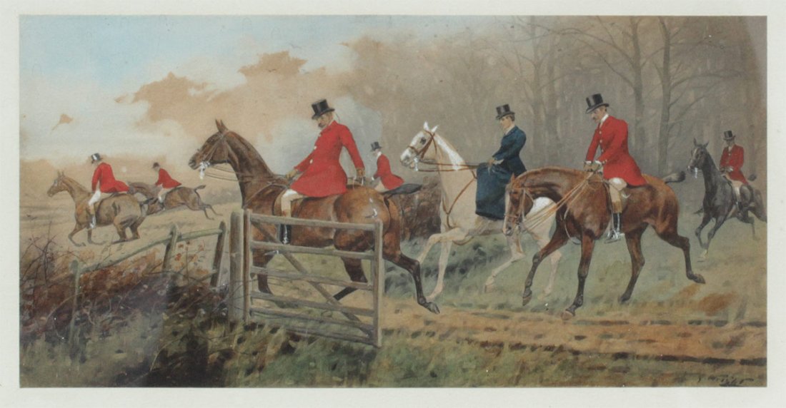 GEORGE WRIGHT HUNT SCENE PAINTING: WRIGHT, George, (British, 1860-1942): Hunt Scene, Watercolor/Heightened with White, 4 1/2" x 9 1/4", signed lower right, mounted to white backing paper, painted frame with wear, 14" x 19".