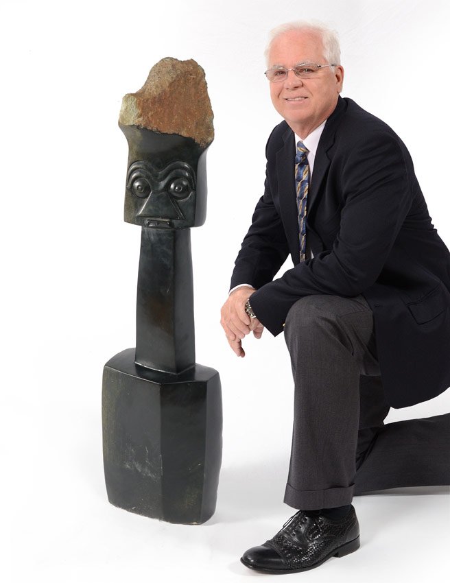 LARGE SHONA STONE CARVING: LARGE SHONA STONE CARVING: Figural abstract bust, signed Jonathan MB. Overall measures 38" h. x 9 1/4" x 5 1/2".