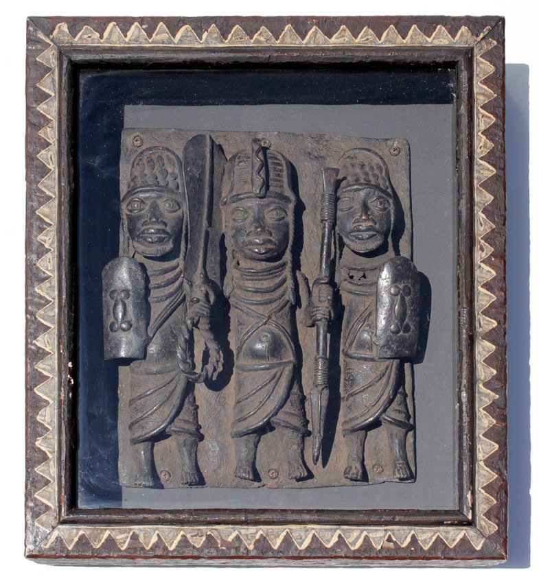 AFRICAN BENIN WARRIOR BRONZE: AFRICAN BENIN WARRIOR BRONZE: 3 African Warriors, Cast in a Relief plaque, approximately 12" x 9", encased in custom painted shadow box style frame with some minor wear, 16 1/2" x 14 1/2".