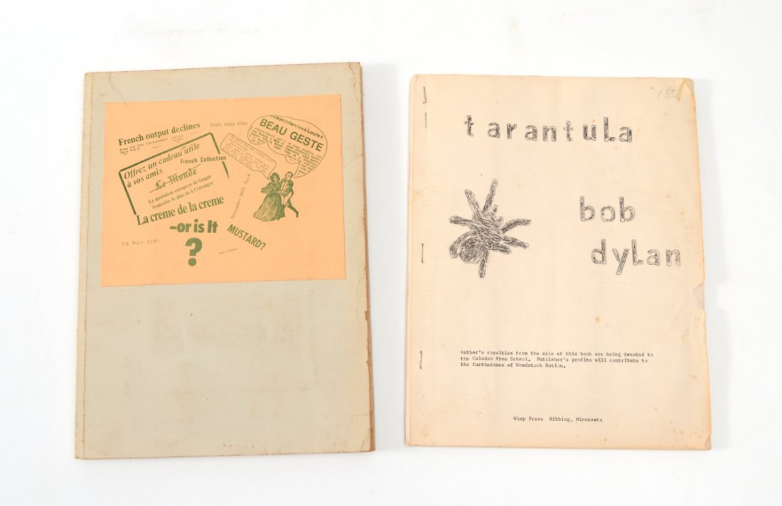 2 PIECE BOB DYLAN TARANTULA & FRENCH SCHMUCK BOOKS: 2 PIECE BOB DYLAN TARANTULA & FRENCH SCHMUCK BOOKS: 2 pieces total to include 1) Partial pirated edition "Taratula" by Bob Dylan, Wimp Press, Hibbing, Minnesota. Soft cover with tarantula on front, on