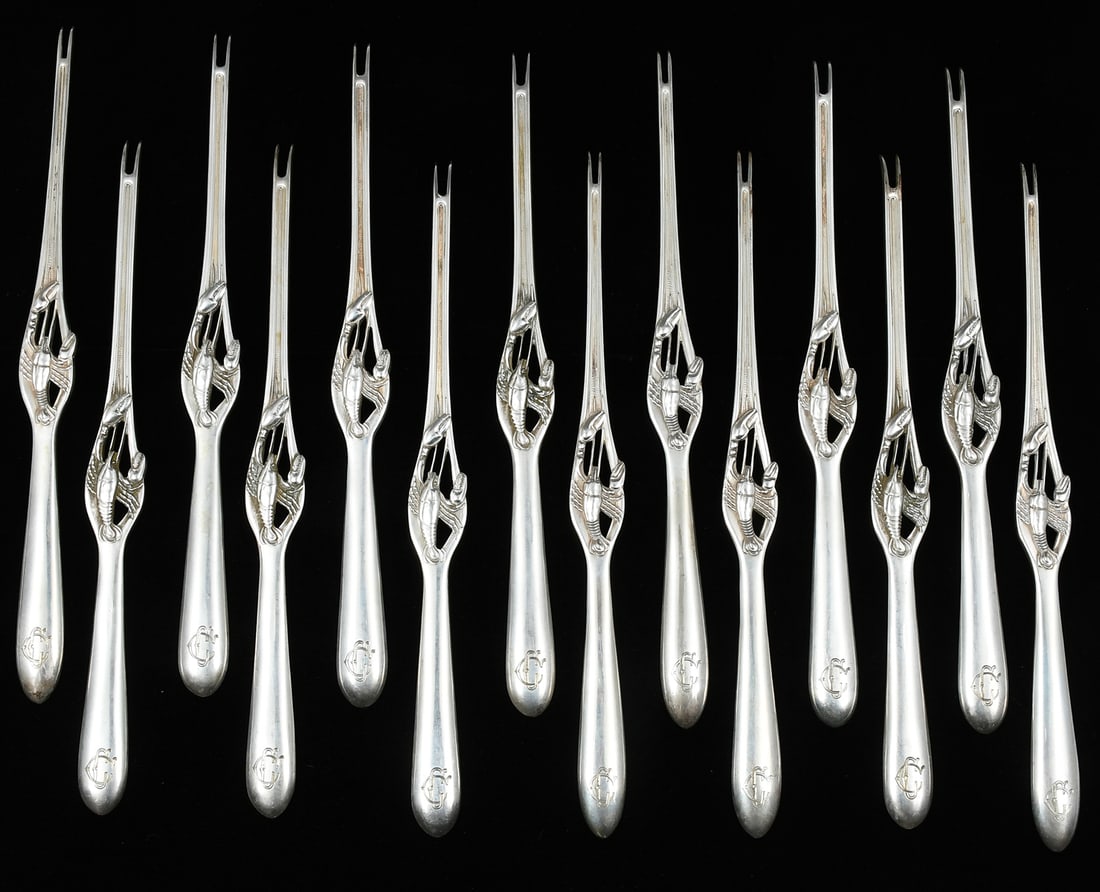 14 PC. GERMAN KRISCHER .800 SILVER LOBSTER FORKS: 14 PC. GERMAN KRISCHER .800 SILVER LOBSTER FORK PICKS: Approx. 13.64 Troy ounces. A set of 14 German .800 Silver Lobster Forks, having a Central pierced Lobster. Made by Josef Krischner Nachfolger of