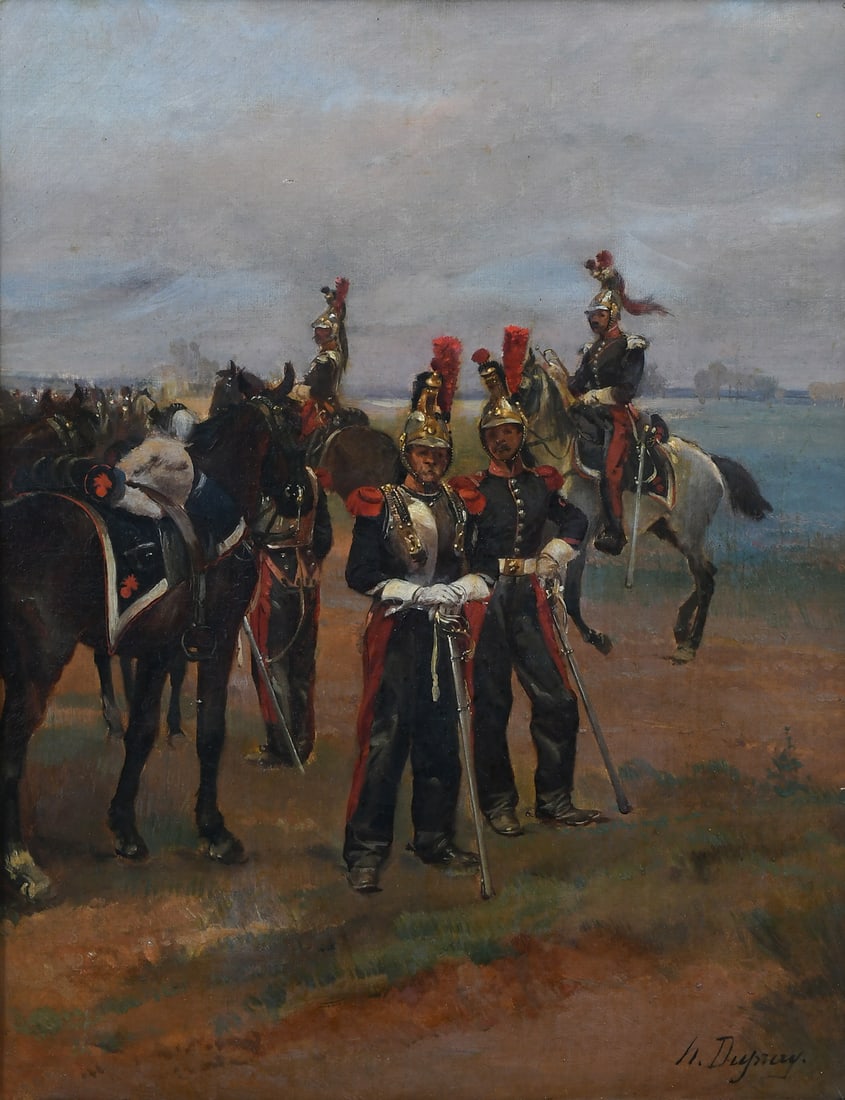 DUPRAY FRENCH SOLDIER PAINTING: DUPRAY, Henry Louis, (French, 1841-1909): French Military Scene, Oil/Canvas, 15.5" x 12", signed lower right, Original heavy carved and gilded gesso frame, 27.5" x 24".